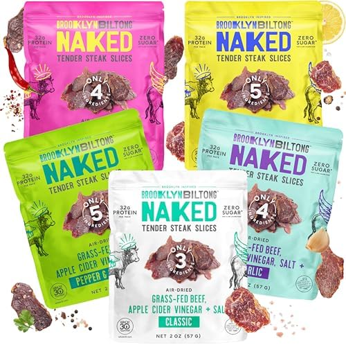 Brooklyn Biltong Grass Fed Beef Jerky Variety Pack, Keto, 2 oz, Pack of 5 | Air-Dried Beef Snacks, 32g Protein per Pack. Multiple Flavors. Jerky Alternative. Whole30, Paleo, Keto, Sugar & Gluten Free.