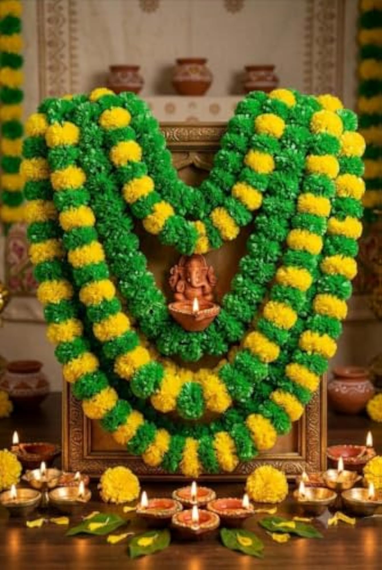Artificial Marigold Garland Yellow & Green Pom-Pom Toran