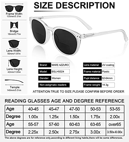 Image of MARE AZZURO Round Bifocal Reading Sunglasses Women Large Outdoor Readers 1.0 1.5 2.0 2.5 3.0 3.5 (Transparent, 1.50)
