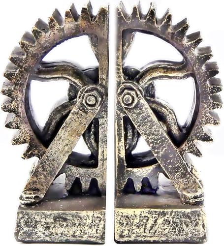 Bellaa 25662 Retro Decorative Bookend Gear Book Ends Industrial Science Rustic Vintage Unique Heavy Steampunk Statues Bookshelves Stopper Support Home Decor Accents