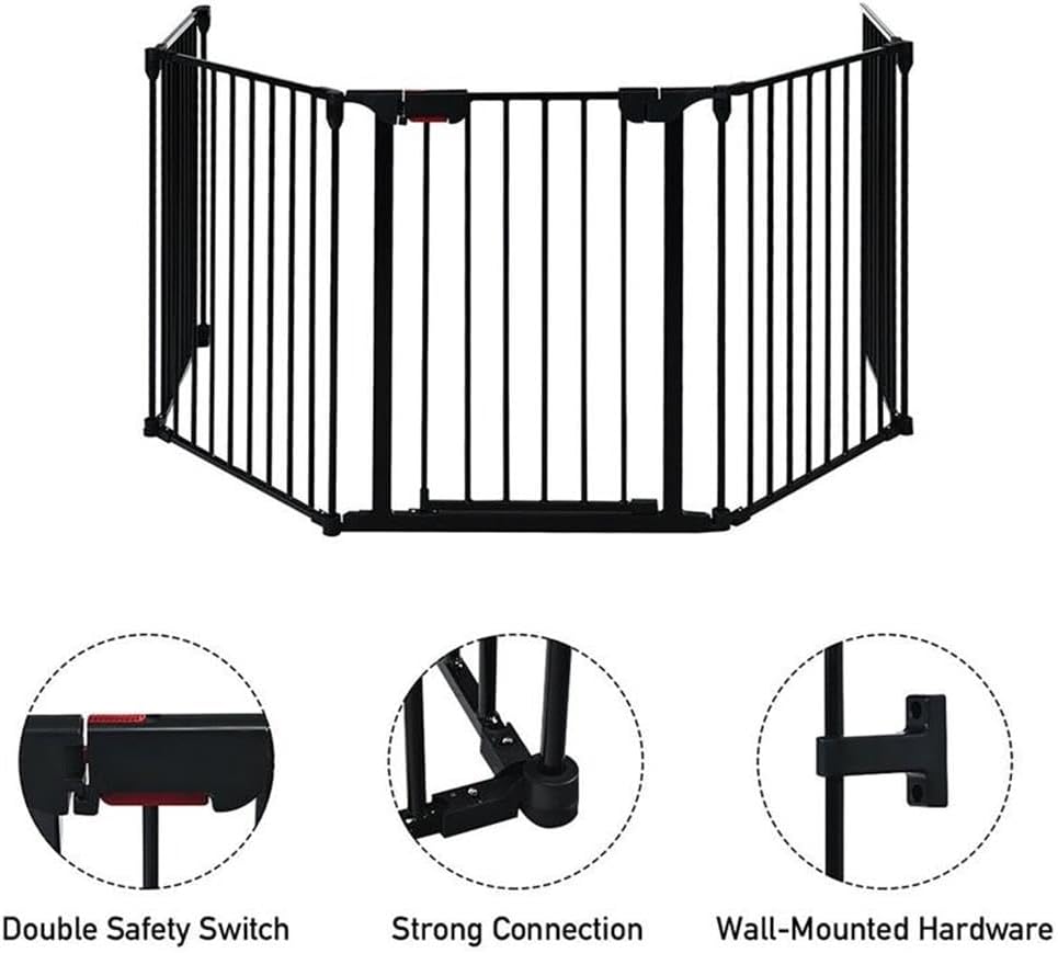 Pemberly Row Steel Fireplace Safety Fence Hearth Gate, Black Finish, 5-Panel Adjustable Design with Walk-Through Door, Heavy-Duty Construction, Contemporary Style for Indoor Use