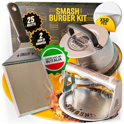 SMASHI® Kit Smash Burger Professionale – Smash Burger Press in Acciaio Inox 304 con Spatola, Cupola, 50 Fogli Antiaderenti – Kit Smash Burger Certificato EU per BBQ e Cucina