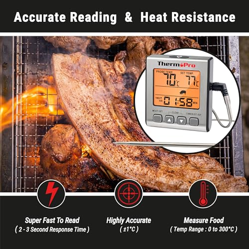 Foto von ThermoPro Digitales Fleischthermometer Grillthermometer Bratenthermometer Ofenthermometer mit Timer und Hinterbeleuchtung Temperaturbereich bis 300°C Küchenthermometer für BBQ Grill Smoker