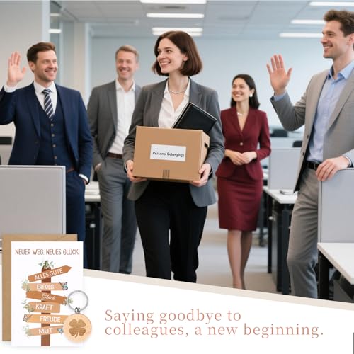 MorLuks Abschiedsgeschenk Kollegen, Neuer Weg Neues Glück Karte + Kleeblatt Schlüsselanhänger Holz, Abschied Geschenke für Kollegen Jobwechsel Rente Ruhestand Neuer Job Mutmacher