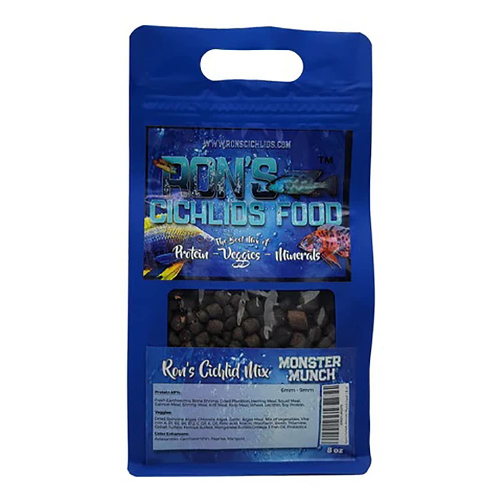 African Cichlid Fish Food, Premium Tropical Fish Food Pellets with Protein, Veggies & Fruits for Healthier, Brighter & Bigger Tropical Fish & Cleaner Tanks, Monster Blend, 8 OZ