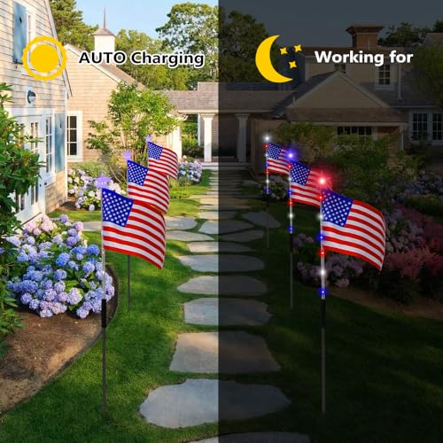 Image of 6 Flag Lights 4th of July Decorations 8 Lighting Modes, 6-in-1 American Flag Solar Lights, Memorial Day Decorations with Red White and Blue Lights for Independence Day Path Garden Decor Yard Pathway