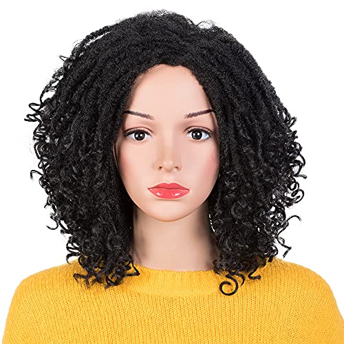 NOBLE Cute Dreadlocks Wigs Short Afro Twist Wigs with Curly Ends Faux Locs Synthetic Wigs Dread locs Hair Soft Locs Braids Wig for Women and Men Natural Black Color