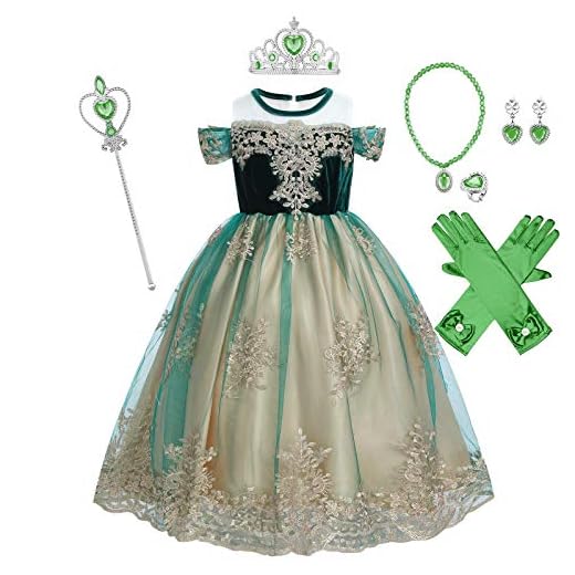 OBEEII Anna Frost kostym prinsessa Elsa snödrottning klänning fin broderi utklädnad för flickor cosplay show jul karneval födelsedagsfest påsk barnens dag present 2-10 år, Mörkgrön2 + tillbehör, 3-4 År