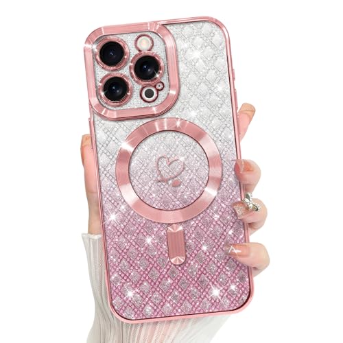 Image of Bonoma Compatible with iPhone 15 Pro Max Case Support for MagSafe, Plating Heart Glitter Magnetic Checkered Case TPU Camera Protection Back Cover for Girls Women -Pink