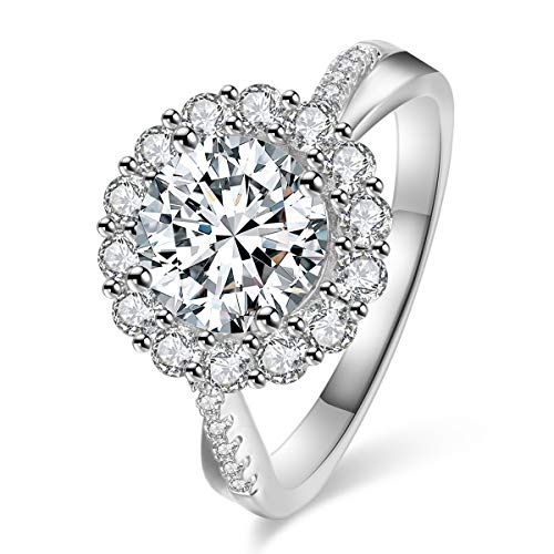JIANGYUE Classic 3 Carats AAA Diamond Cubic Zirconia Engagement Wedding Rings for Women 14K White Gold Big Main Stone Cocktail Halo Rings Size 5 6 7 8 9 10