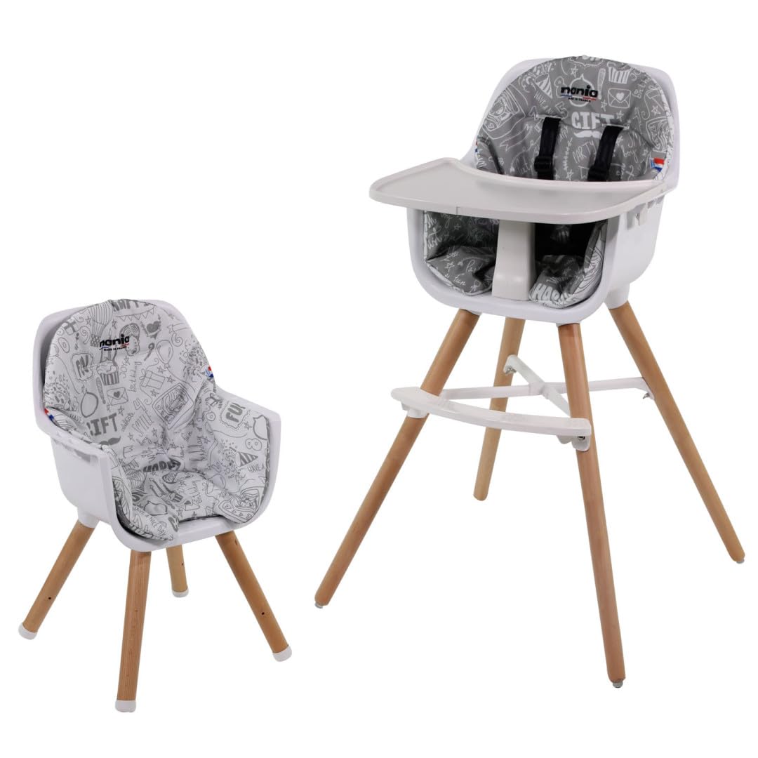 Chaise Haute Bébé évolutive 2 en 1 - Dès 6 mois jusqu'à 5 ans - Coussin réversible - Plateau réglable - Repose-pieds, Siège et Fauteuil Enfant -Puericulture Bébé- Design Moderne Bois (506CHAISE10)