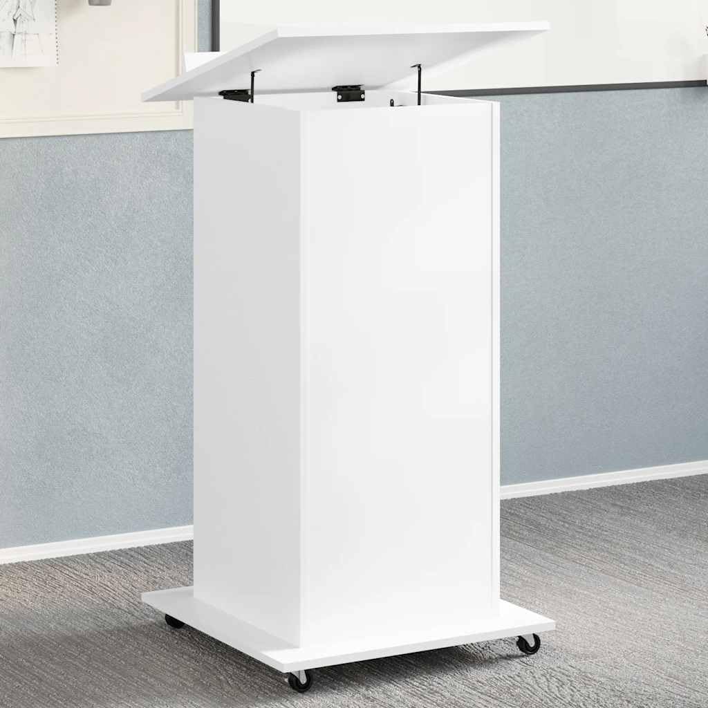vidaXL Leggio con Ruote e Cassetto Bianco 55x55x107 cm in Multistrato, podio, postazione relatori, banco da pavimento, pedana, pulpito