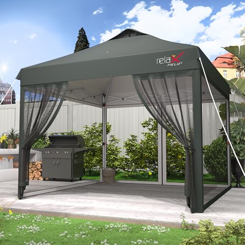 RELAX FIELD 10x10 Pop Up Canopy Tent with Mosquito Netting, Outdoor Portable Screen Tent for Yard, Party, Camping and Picnic, 3 Height Positions, Patio Gazebo with Roller Bag and 4 Sandbags
