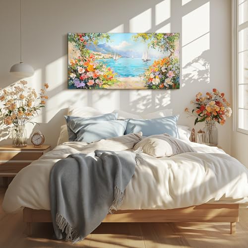 crmotu Coastal Wall Art, Flower Pictures Wall Decor, Large Landscape Wall Art, Ocean Sailboat Artwork for Walls, Seaside Canvas Painting for Living Room Bedroom Modern Office Art Prints 24x48inch