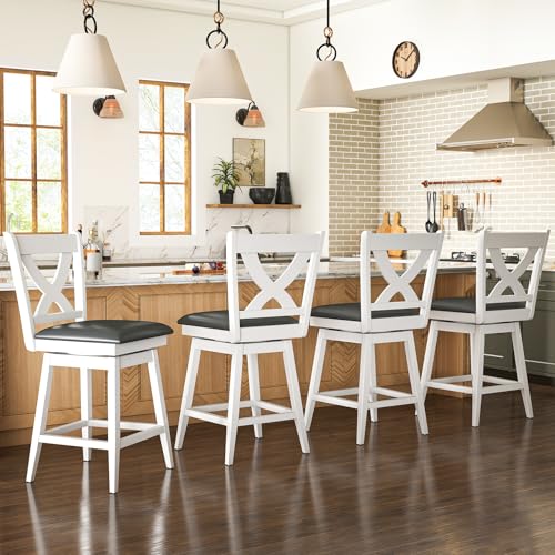 Image of Swivel Bar Stools Set of 2, Farmhouse 24 inch Counter Height Barstools with X Carved Backs, Wooden Bar Chair with Solid Wood Legs & Footrest for Kitchen Island, Home Bar, Pub. Pure White