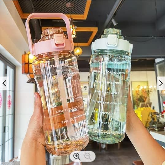 Motivational 64 oz Gym Sports Clear Plastic Drink Water Bottle with Time Marker & Straw (Black)