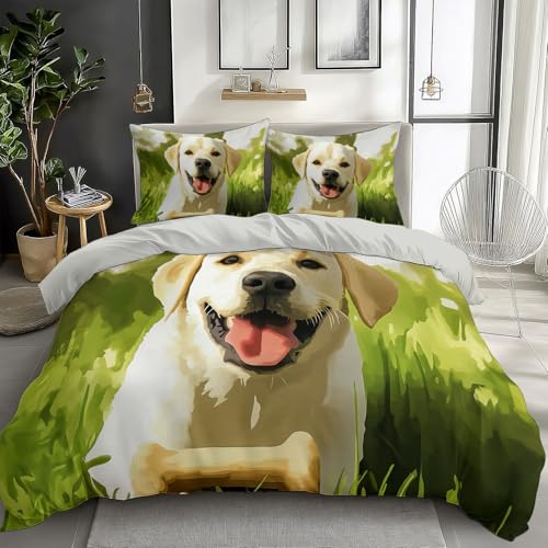 Green Duvet Cover Twin Size 2 Pieces Drawing Labrador Retriever, Bedding Room Decor Bedspread for Kids Teens, Comforter Quilt Cover Bedding Set with Pillow Sham