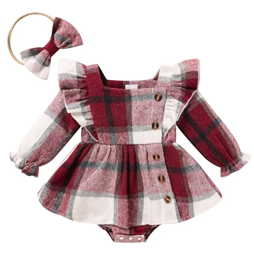 Image of TITKKOP Newborn Baby Girl Fall Winter Clothes Plaid Long Sleeve Romper Buttons Outfit Ruffles Dress with Bow Headband