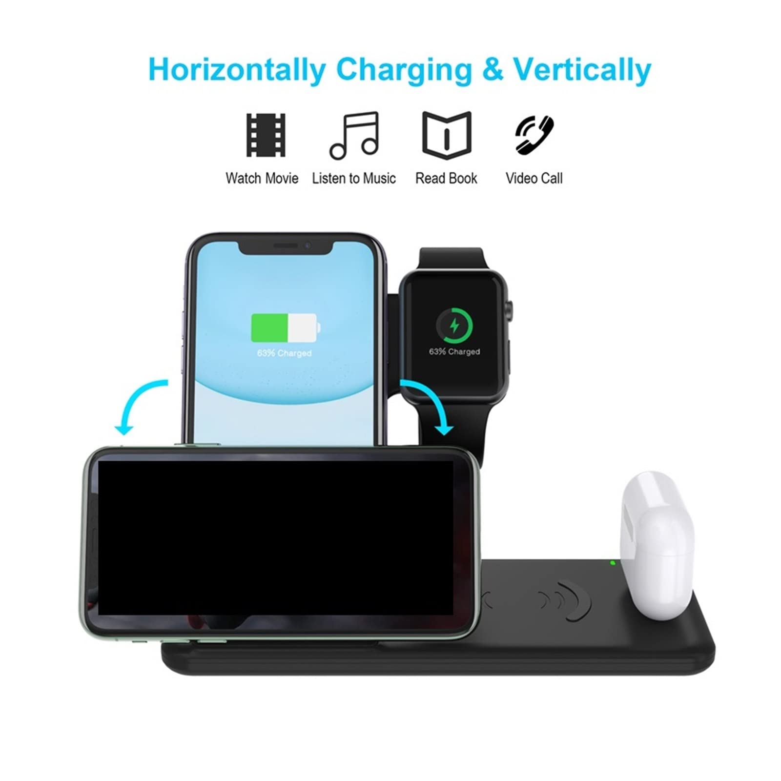 Chargeur sans Fil Support de Chargeur sans Fil Rapide 30W for Montre de téléphone Station de Chargement Pliable 4 en 1 for Montre d'écouteurs(4 in 1 Black with Plug)
