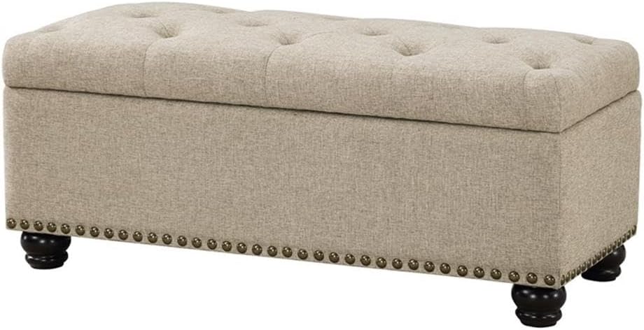 Pemberly Row 18" Upholstered Fabric Storage Ottoman Bench, Beige Finish, Button-Tufted Design with Nail Head Trim, Sturdy Wood Frame, 42" W for Living Room, Bedroom, or Entryway Storage
