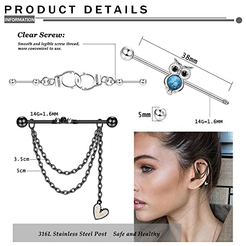 Sanfenly Industrial Piercing Jewelry 14G Stainless Steel Industrial Barbell Earrings with Chain Dangle Industrial Bar Piercing Cartilage Helix Industrial Earrings for Women Men - Thumbnail 2