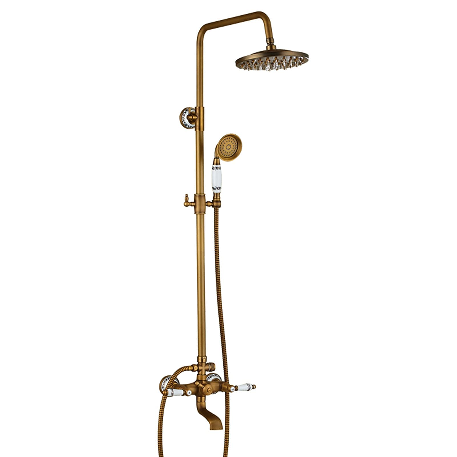 NZPOST Antique Brass Shower Faucet Set Wall Mounted, 8 Inch Round Rainfall Shower Head with Tub Spout, Br