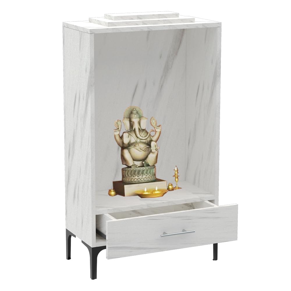 Mahmayi Modern Wooden Mandir, Temple with Single Drawer for Storage Pooja Essentials Sturdy Steel Legs Ideal for Home, Office, Temple - White Levanto Marble