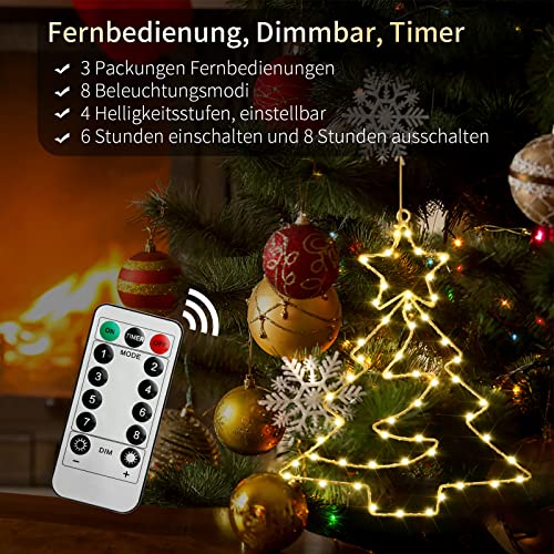 Therlan Weihnachtsdeko Fenster Beleuchtet, 3 Stück 55 LEDs Fensterbilder Baum Batterie Betrieben Mit Timer und Fernbedienung 8 Lichtmodi, LED Fensterdeko Weihnachten Beleuchtet Warmweißen
