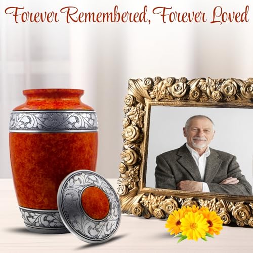 Image of Cremation Urn for Human Ashes Adult - Handcrafted Aluminum Funeral Urn with Silver Engraved Border | Large 200 Cu in Burial Urn for Ashes | Decorative Memorial Urn with Velvet Bag - Antique Finish