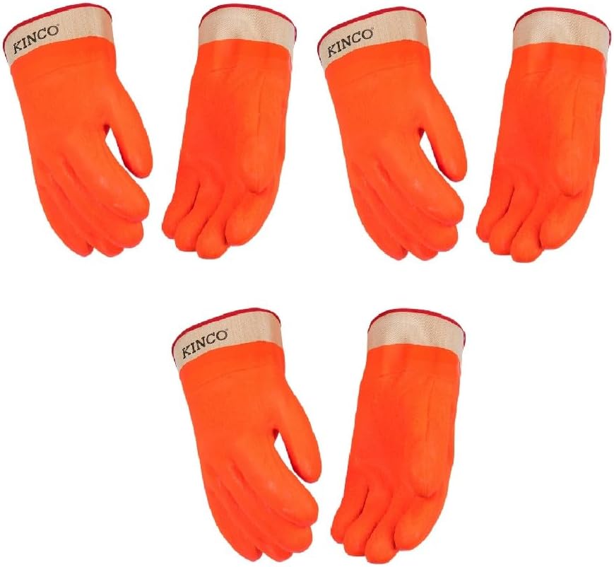 Kinco PVC Chemical Resistant Gloves, 10 Mil, Large, Orange, Pack of 3 Pairs