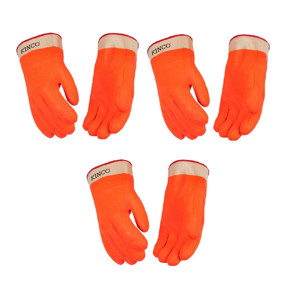 Kinco PVC Chemical Resistant Gloves, 10 Mil, Large, Orange, Pack of 3 Pairs