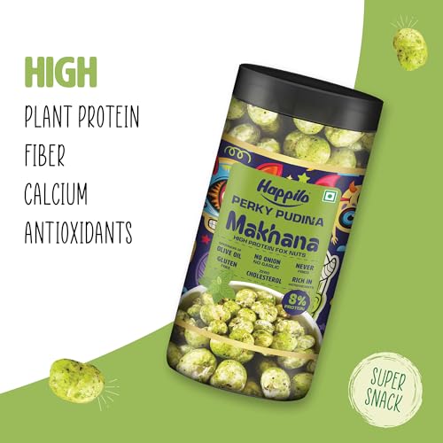 Image of Happilo Makhana Perky Pudina Jar 80g, Roasted Foxnut Healthy Snack Low Calorie and Vegan (Pack of 2)
