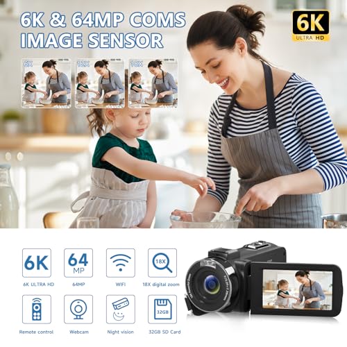 Image of VETEK Video Camera 6K 64MP UHD WiFi Vlogging Cameras for YouTube 18X Digital Zoom IR Night Vision 3.0'' Touch Screen Camcorder with 32GB Card, Microphone, Remote, Two Batteries