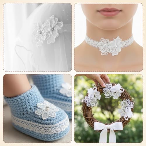 2 Yards 3D Pearl Beads Flower White Lace Trim, White Lace Ribbon Flower Applique, Embroidered Fabric Trims and Embellishments for Wedding Dress Embellishment DIY Dress Decor Gowns Home Decor