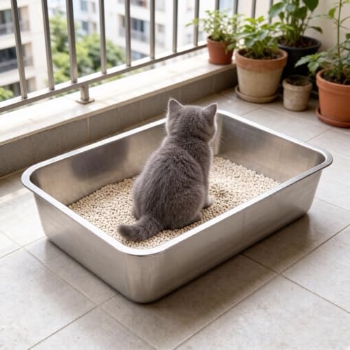 Arenero grande con lados altos para gatos grandes, gris miniatura 6