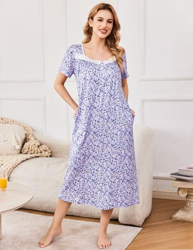 Image of Ekouaer Long Nightgowns for Women Short Sleeve House Dress with Pockets