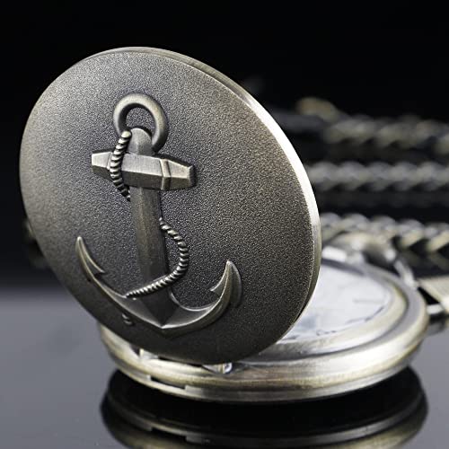 Image of Tiong Pocket Watch Anchor Pattern Design Roman Numerals Quartz with Chain Birthday Gifts