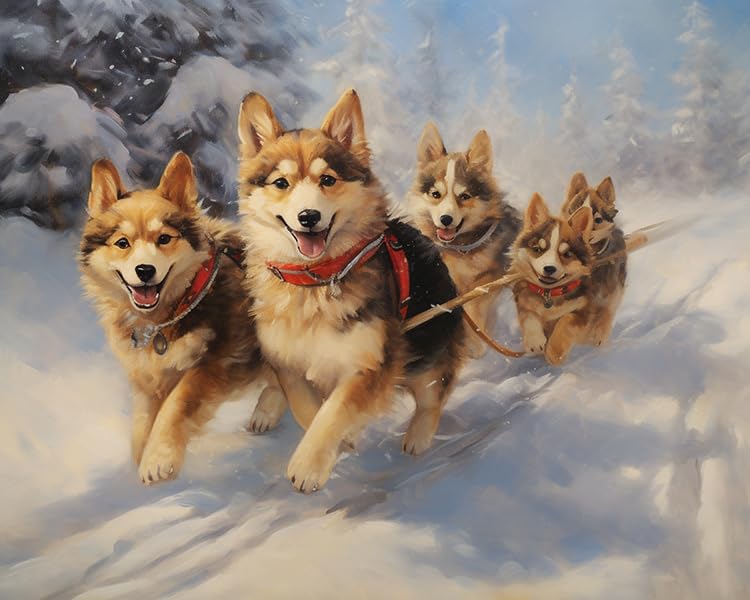 ZMHZMY DIY Oil Painting Paint by Number Kit Frameless Dogs in The Snow,Sled Dog Paint by Numbers Oil Painting Canvas Print Wall Art Home Decoration