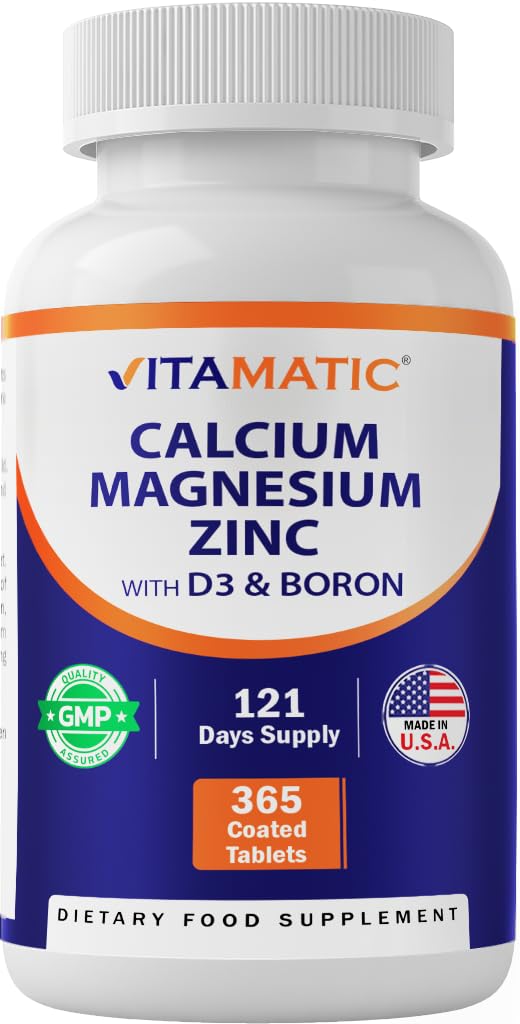 VitamaticCalcium Magnesium Zinc D3 Boron | 365 Coated Tablets Supplement | Calcium 1200 mg, Magnesium 420mg, Zinc 25mg, Vitamin D3 1000 IU, Boron 1 mg | Non-GMO | Gluten Free | Made in USA