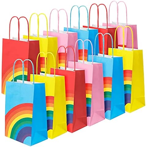24 Pcs Rainbow Party Bags Party Paper Bags with Handles 13 x 8 x 22 cm Kraft Bags Treat Sweet Candy Gift Bags for Kids Party Wedding Birthday Favor Celebrations 6 Colour Cover