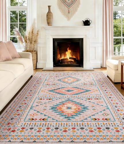 YIHOUSE Pink Tribal Rugs for Living Room, Washable 6x9 Area Rug, Non-Slip Boho Large Rug for Bedroom, Dining Room, Nursery (Pink/Blue)