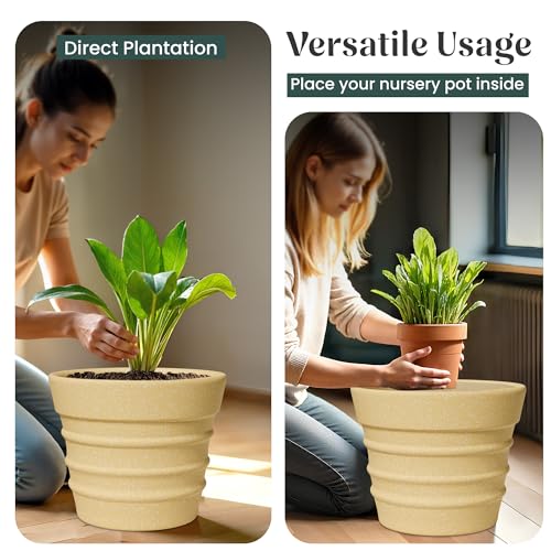 Image of YUCCABE ITALIA FOXB BR 18, 14, 12 INCH Beige Pots for Plants Highly Durable Lightweight Indoor Outdoor Flower Pot Gamla for Living Room, Balcony, Garden
