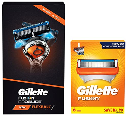 Image of Gillette Fusion 5-Bladed Cartridges (Pack of 6) & Flexball Pro Glide Gift Pack with Flexball Razor (4 Cartridges), Plastic & Metal, Men's, Male, Adult