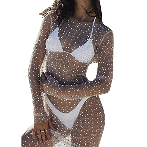 Women's Pearl Rhinestone Cover Up Dress See Through Sheer Long Maxi Dresses Beach Swimwear Bikini Cover Ups