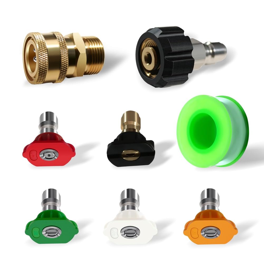 Littimoon Pressure Washer Nozzle Tips, 5 Pack Tip Attachments Multiple Degrees Nozzles 1/4 Inch, M22 14mm to 3/8 Inch Hose Adapter Easy Install Easy to Use