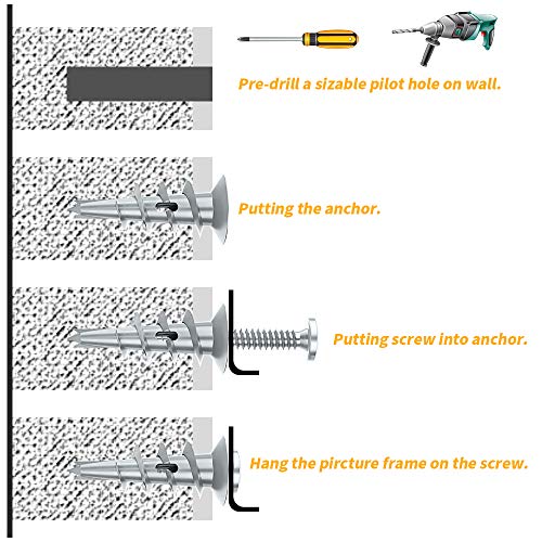 LuckIn Drywall Anchors and Screws, Zinc Self Drilling Wall Anchors for Drywall, 200 Pieces (100 Anchors + 100 Screws)