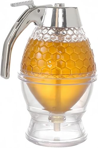 Tarro de miel - Dispensador de jarabe, dispensador de jarabe de plástico, hermoso tarro de miel de nido de abeja, tarro de miel con soporte