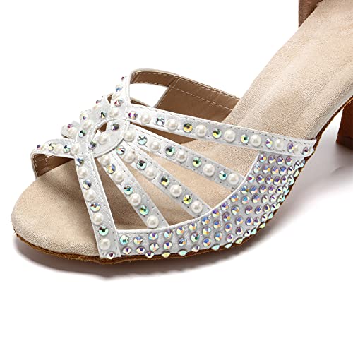 Image of JUODVMP Women's Latin Dance Shoes Rhinestones Satin Ballroom Dancing Shoes Salsa Professional Dance Shoes