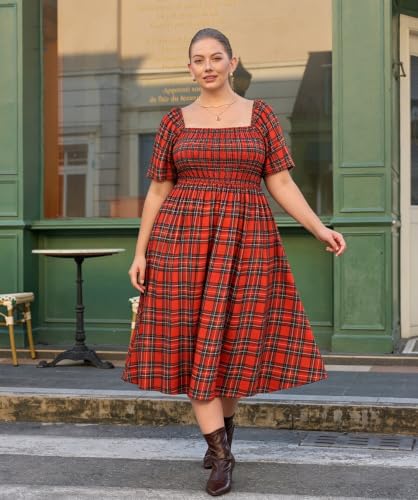 Image of RITERA Plus Size Dresses for Curvy Women Square Neck Short Sleeve Summer Floral Smocked Maxi Dress with Pocket XL-5XL