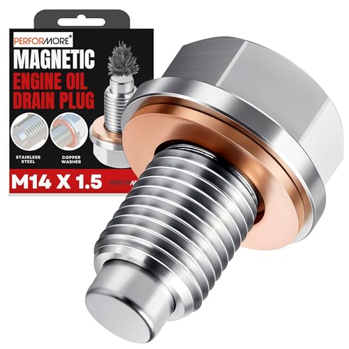 Performore Stainless Steel Magnetic Oil Drain Plug M14 x 1.5 | High-Strength Engine Protection Bolt | Leakproof Copper Washer Seal | Fit Honda Ford GM Hyundai KIA